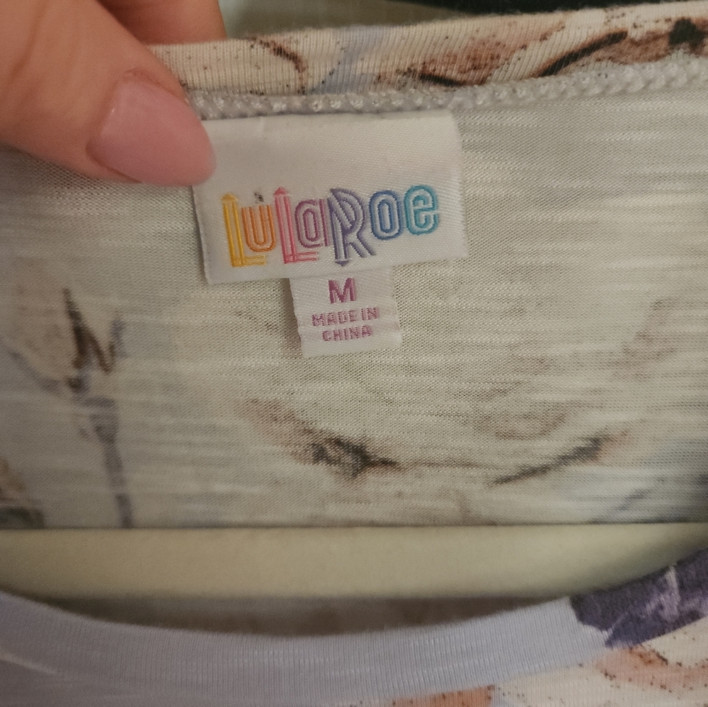 LuLaRoe Blue and Purple Floral Short Sleeve Top - Picture 2 of 4